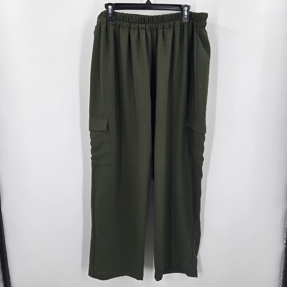 COMO VINTAGE Pants Womens 2X Green Elastic Waist Lightweight Cargo Pockets